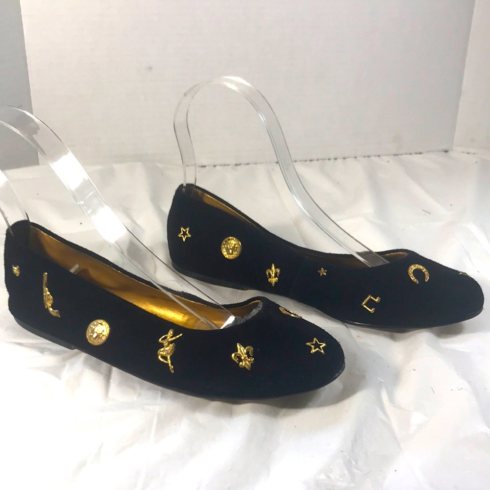 Sam & Libby Women’s Vintage Cruise Black Suede and Gold Medallions Slip On Flat